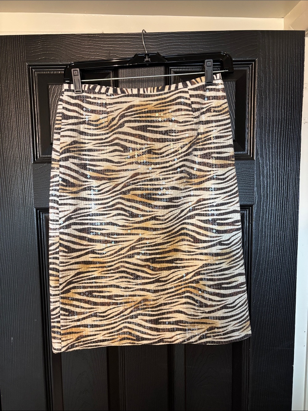 Sequin Zebra Pencil Skirt in Black, Tan & Cream